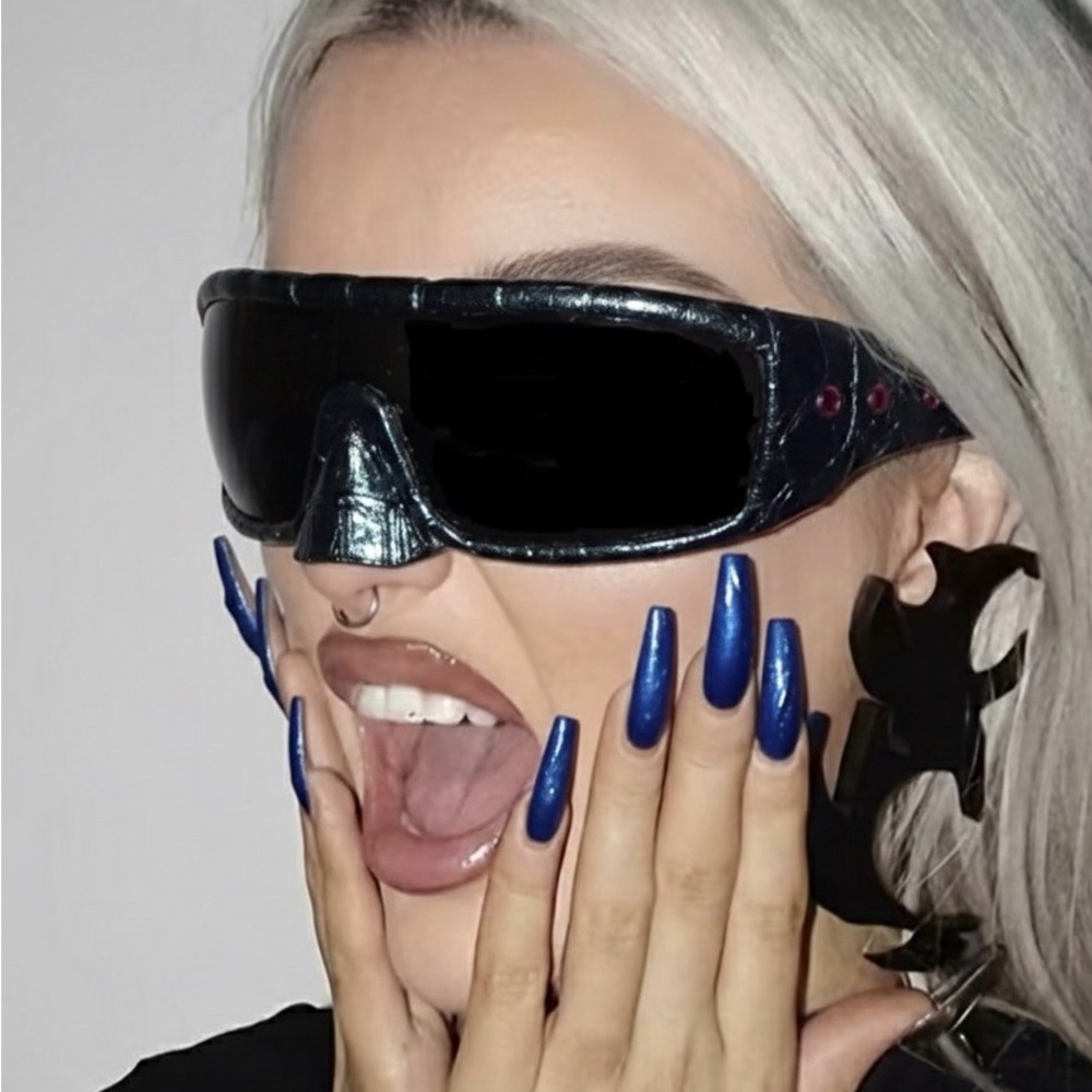 Futuristic Black Wraparound Genuine Python Sungla… - image 1